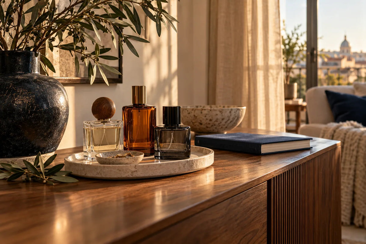 Parfumflakons auf einem Holzboard im warmen Abendlicht – Lifestyle-Inspiration
