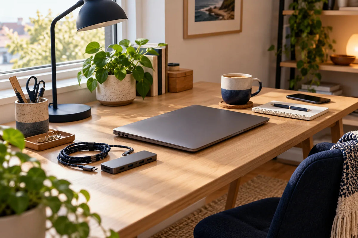 Heller Arbeitsplatz mit geschlossenem Laptop, USB-Zubehör und Kaffeetasse