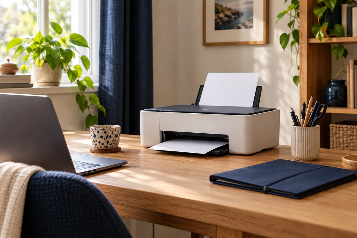 Kompakter Drucker mit Papier, Laptop und Schreibwaren im hellen Homeoffice