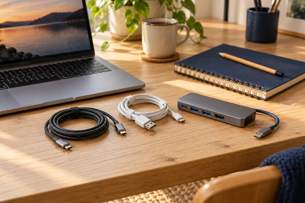 USB-Kabel und kompakter Adapter neben einem Laptop auf einem aufgeräumten Schreibtisch