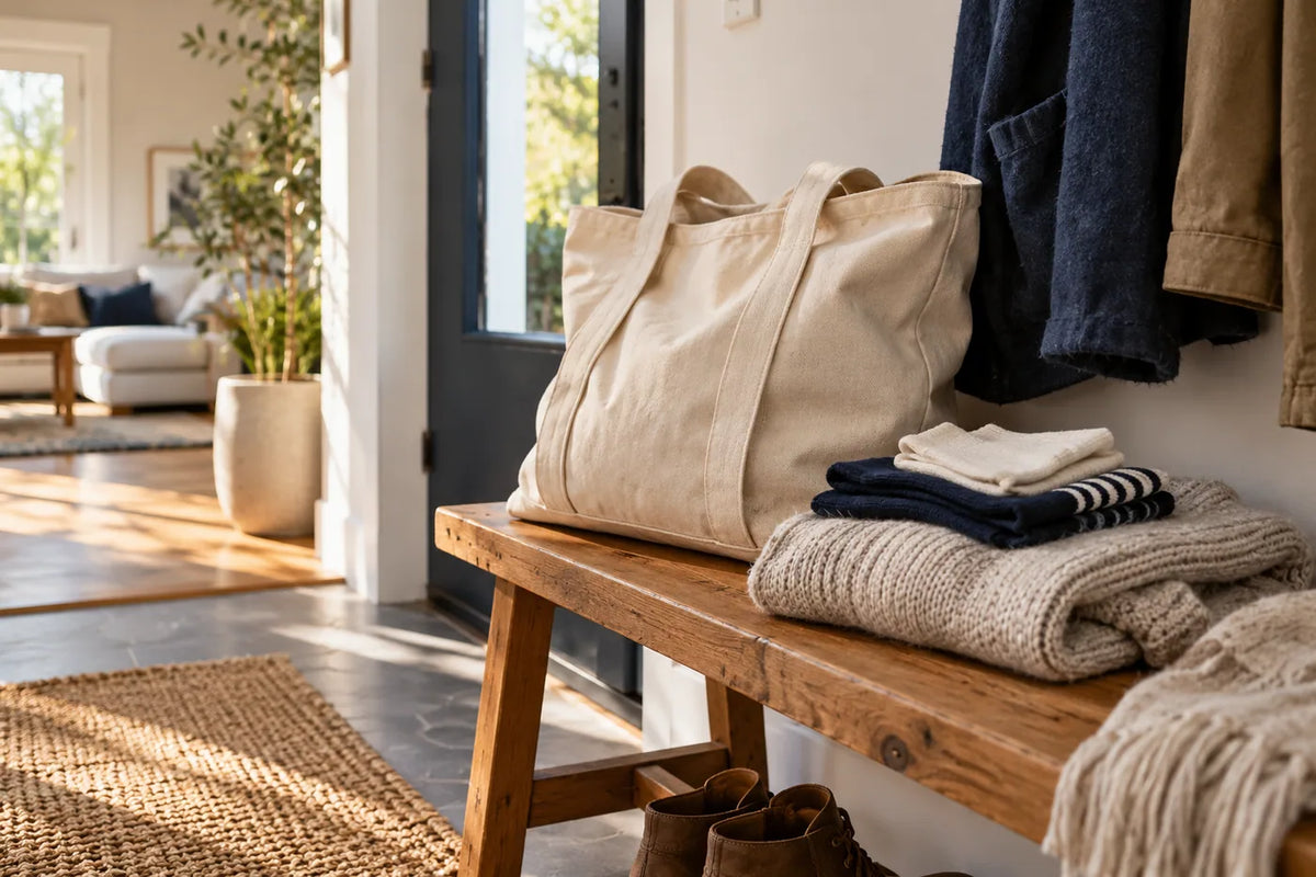 Canvas-Tasche, gefaltete Socken und Strickkleidung auf einer Bank im Eingangsbereich