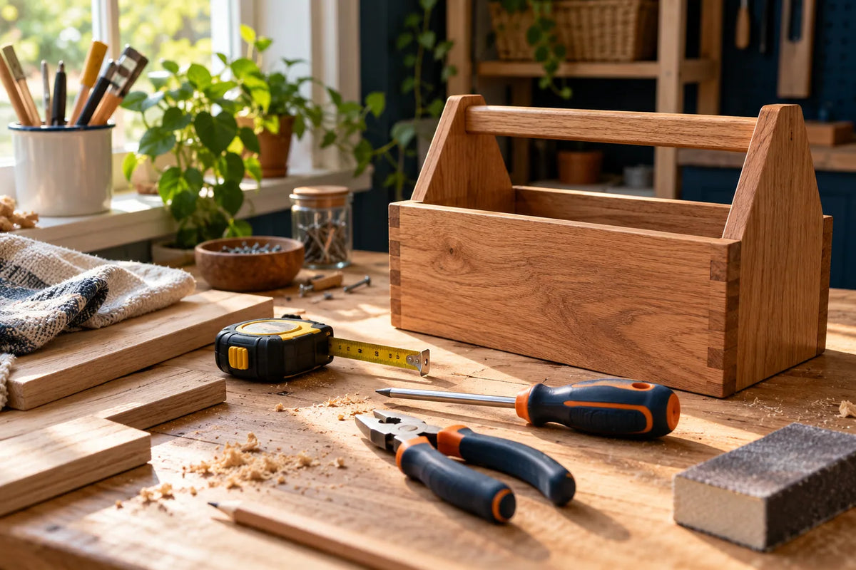 Handwerkzeuge, Maßband und Schleifblock auf einer hölzernen Werkbank