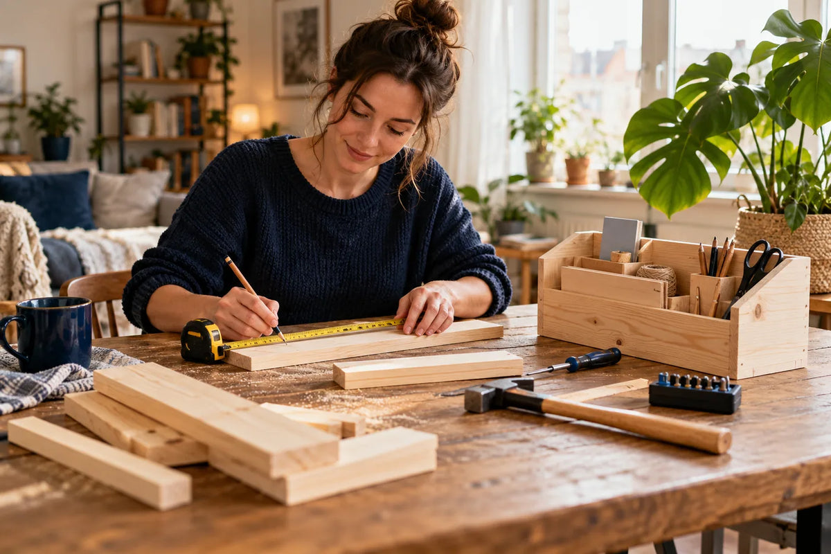 Kleines Holzprojekt an einem sonnigen Tisch mit Maßband und Handwerkzeug
