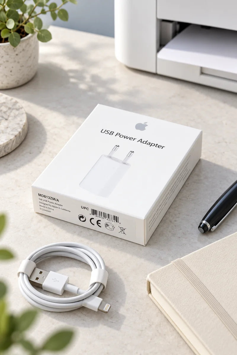 USB Netzteil, Kabel und Notizbuch neben einem Drucker